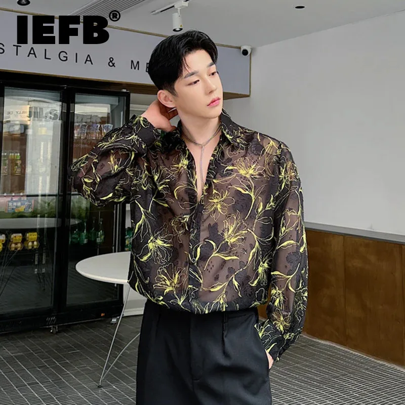 IEFB kemeja pria, baju pelindung matahari pola bunga pria gaya Korea berpori pribadi musim panas 9C5996