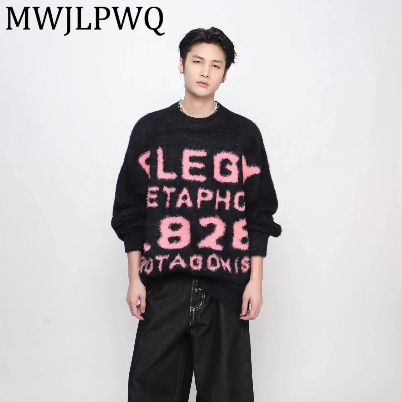 

MWJLPWQ American Style Letter Jacquard Design Sweater Men Color-Block Autumn Winter Lazy Couple Casual Knitwear Trendy New 21191