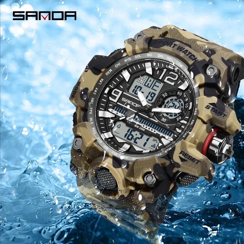 SANDA G style Men Outdoor Sports LED Digital Watch Double Display Quartz Watch Waterproof Camo Military Timing Men\'s Wrist watch