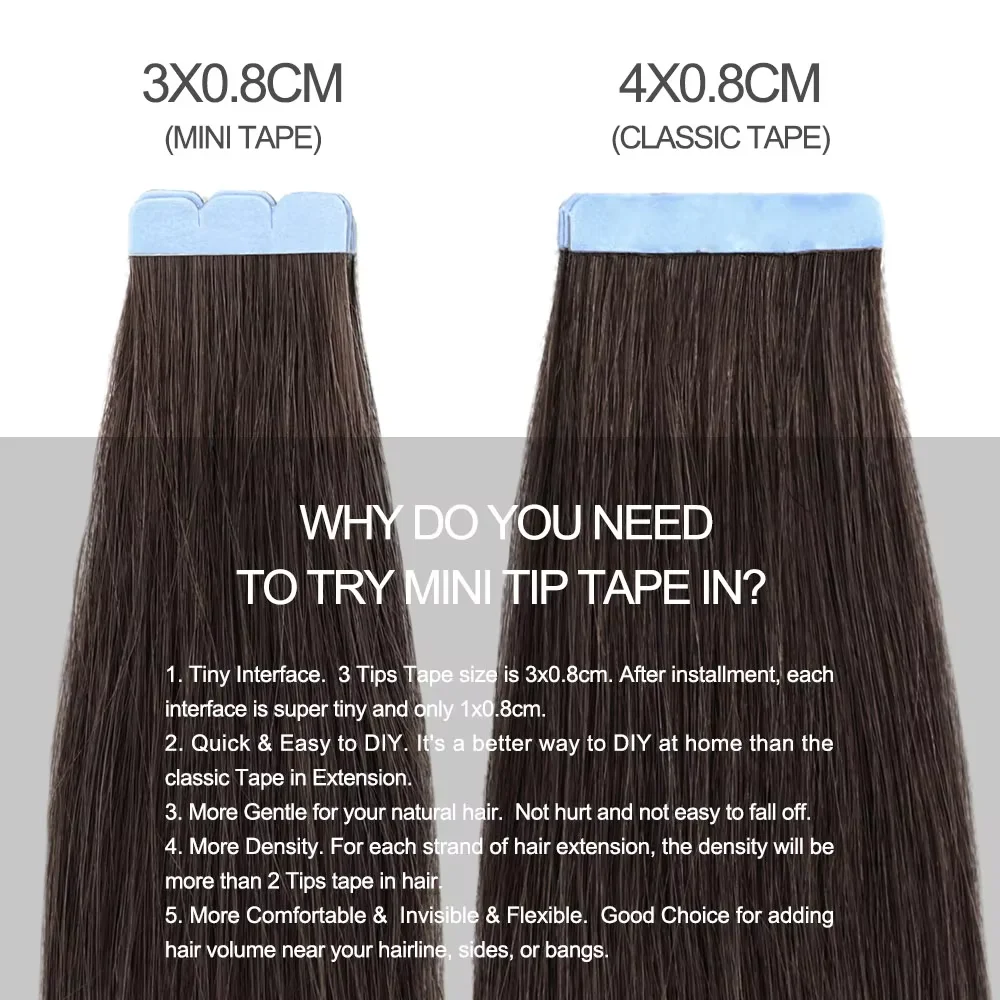MRSHAIR Mini Nastro Estensioni Dei Capelli Nastro Naturale Dei Capelli Umani nelle Estensioni Dei Capelli 3x0.8 cm Nastro Invisibile 10 pz/pacco Per I Capelli Laterali