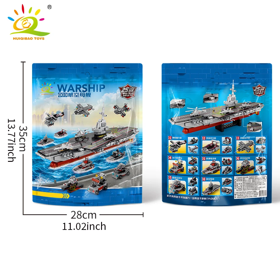 HUIQIBAO 562pcs 8in1 Military Ship Aircraft Cruiser Building Blocks Army Weapon Warship Truck Bricks City Toy for Children Gift