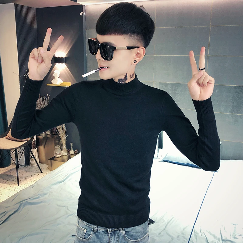 

Мужской трикотажный свитер Slim Fit в корейском стиле, размер XS, с высоким воротником, однотонный, осенне-зимний, вязаный