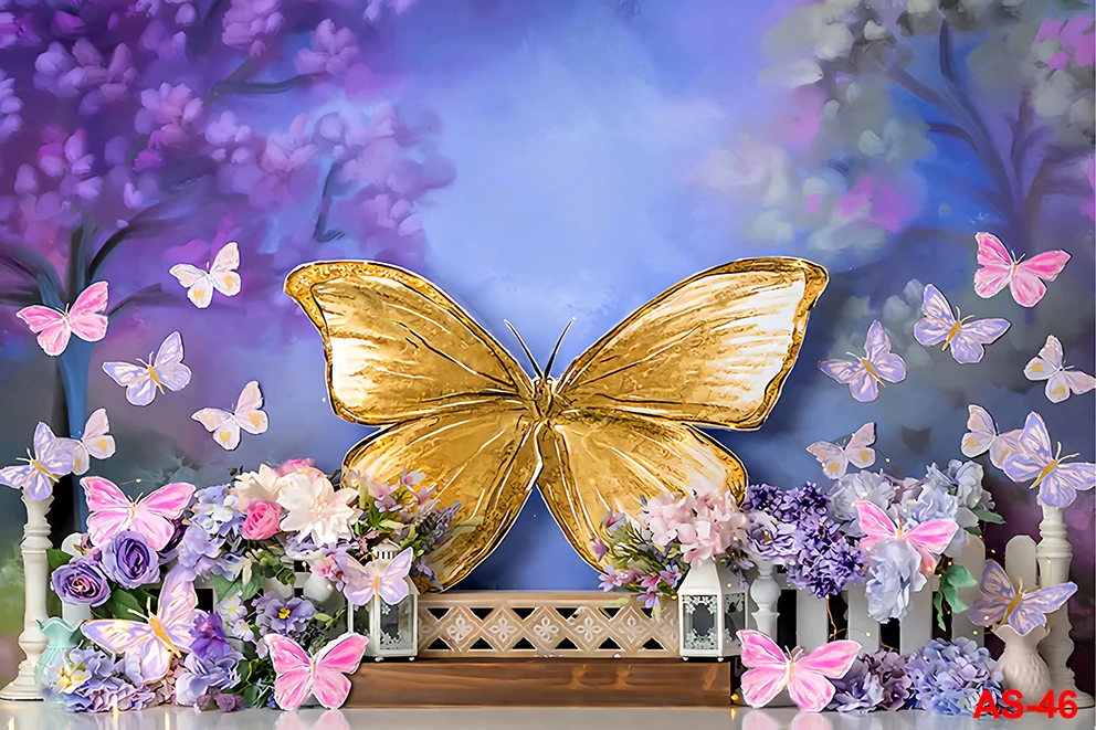 Photography Background Purple Balloons Butterfly Wonderland Girl Birthday Party Cake Smash Decor Photo Backdrop Studio