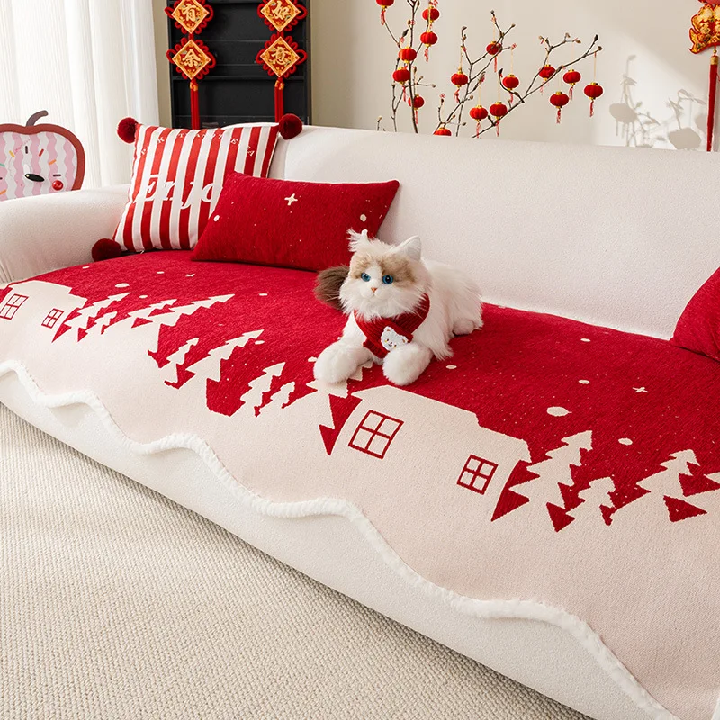 

Christmas Plaid Sofa Covers Chenille Anti Pet Scratch Sofa Towel Non-slip L 1/2/3 Seater Couch for Living Room Home Decor