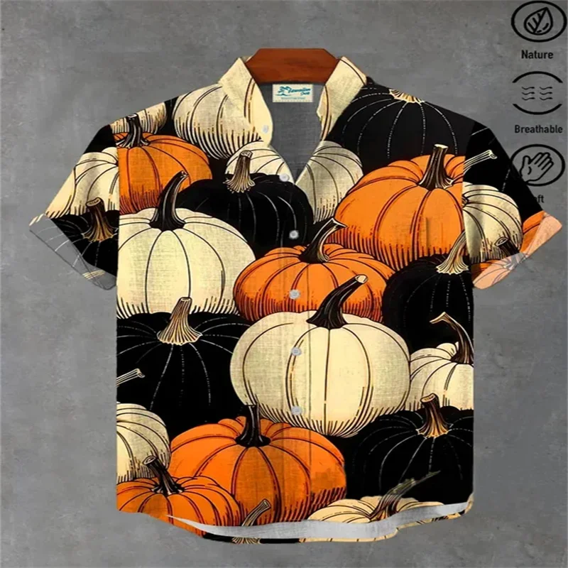 2026 Bamboo and Hemp Halloween Ghost Skull Printed Men's Button Pocket Shirt Pumpkin Printed Men's Stand up Collar Shirt