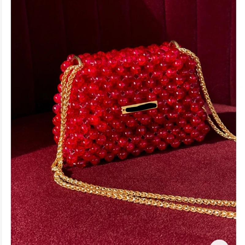 

Red Chain Women's Shoulder Bag New High Quality Handmade Beaded Ladies Crossbody Bags Customized Product for Wedding Banquet