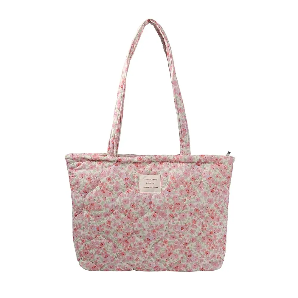 

Сумка-тоут с цветочным принтом и стежкой, на молнии, легкая, многоразовая, для женщин, хлопковая сумка через плечо для путешествий, шопинга и повседневного использования