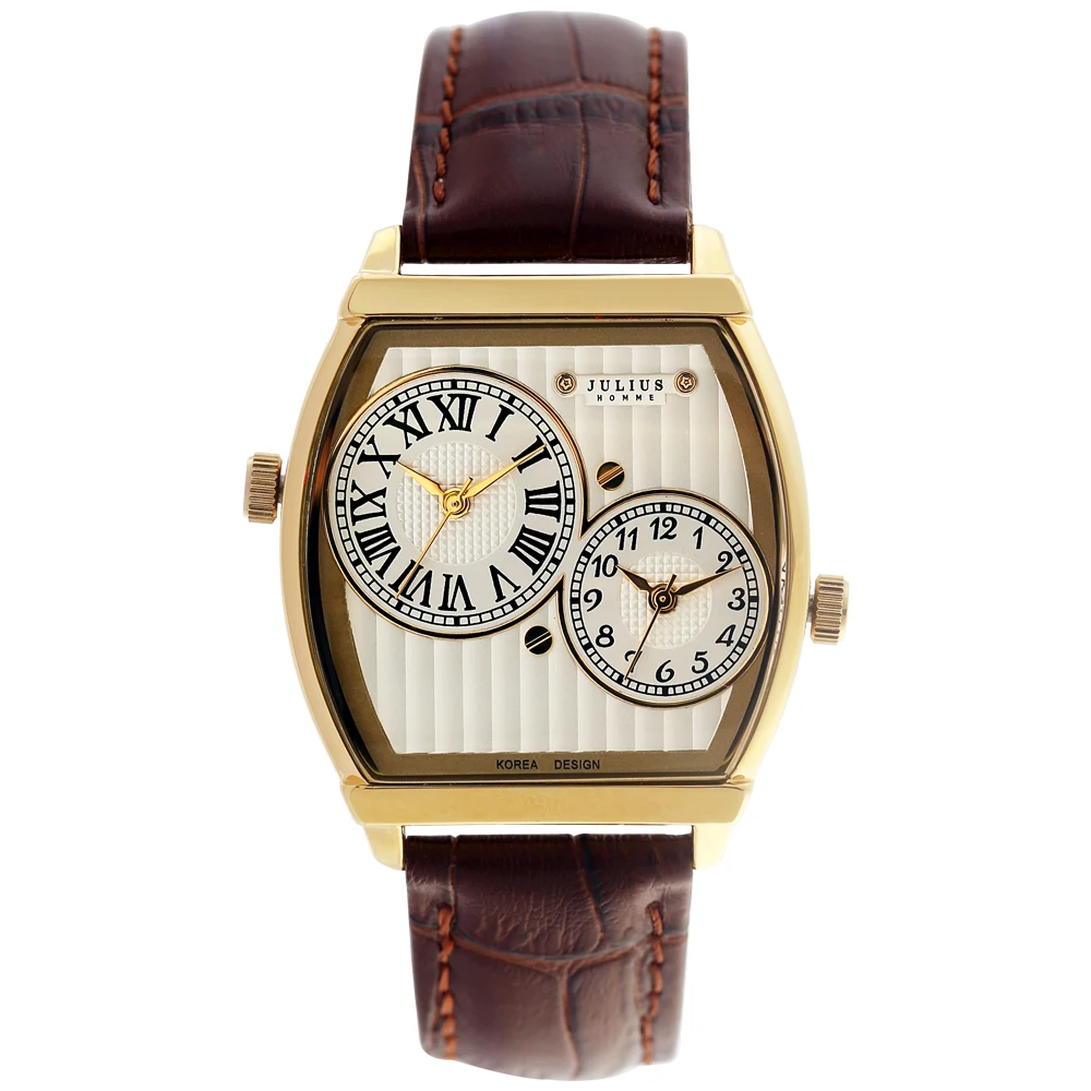 Double Time Zone Julius Men\'s Watch Miyota Mov\'t Fashion Hours Dress Bracelet Retro Real Leather Boy\'s Birthday Gift Box