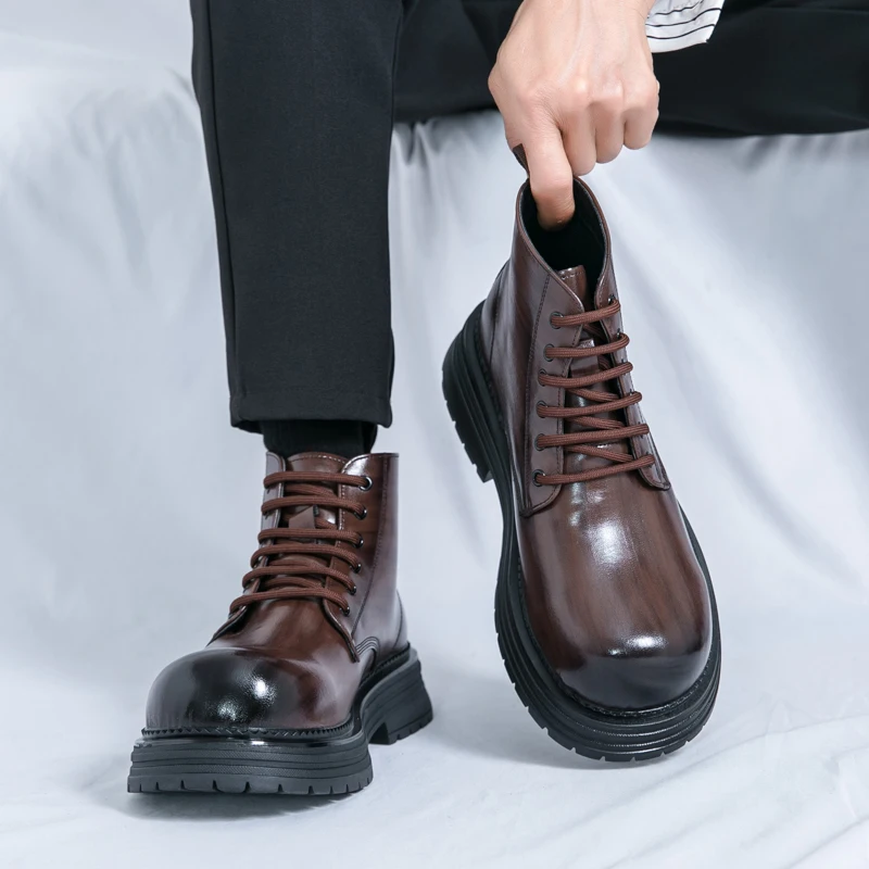 

New Men Derby Shoes Lace Up Thick Sole Height Increasing Breathable Full of Personality Casual and Trendy Motorcycle Boots