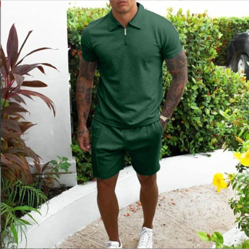 2024 Summer Fashion Men\'s casual solid color breathable short sleeve suit Men\'s street shorts High Quality suit