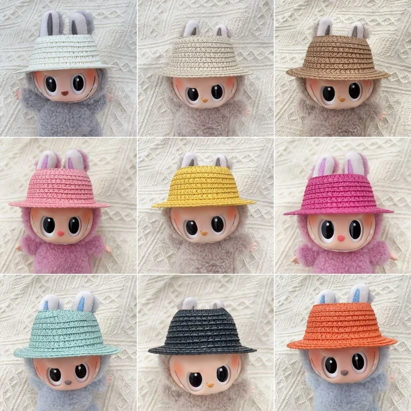 قبعة من القش على الموضة للحفلات مفتوحة منسوجة ملحقات تزيين علوية فارغة على الطراز الريفي لتزيين ملابس دمية Labubu