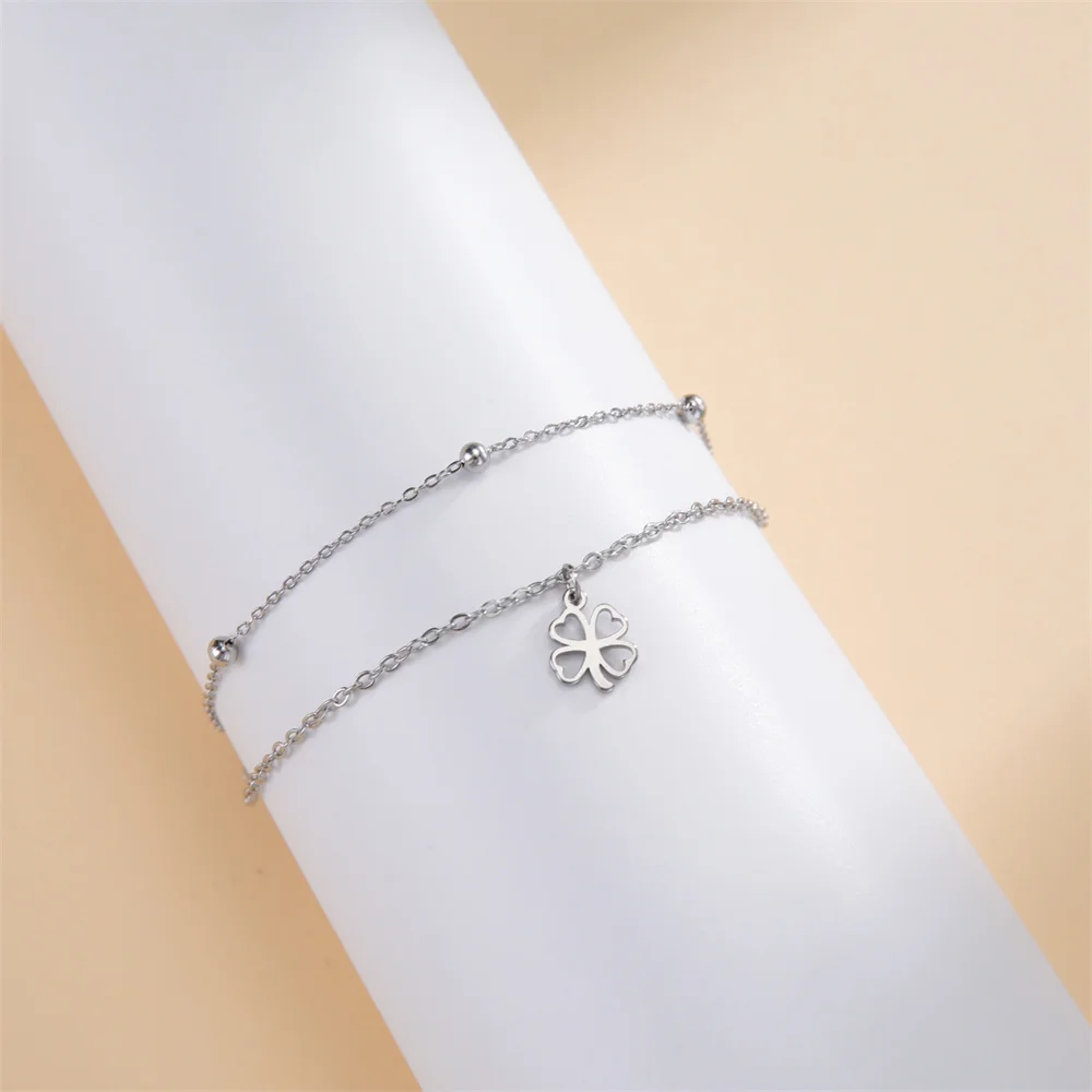 Four-leaf clover lucky Pendent Bracelet for Women Girls Cute Cartoon Flower Charm Stainless Steel Bracelet  luxury Jewelry Whole