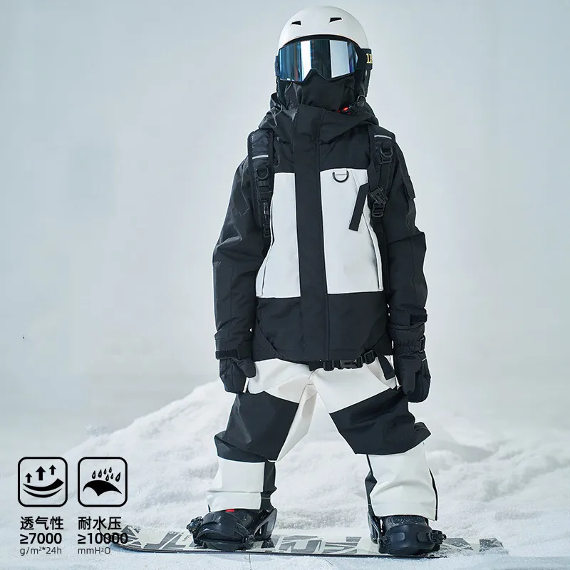 Children's Outdoor Black And White Workwear Windproof Warm Ski Suit Trekking Hiking Travel Snow Jacket Pants Skiing Sports Sets