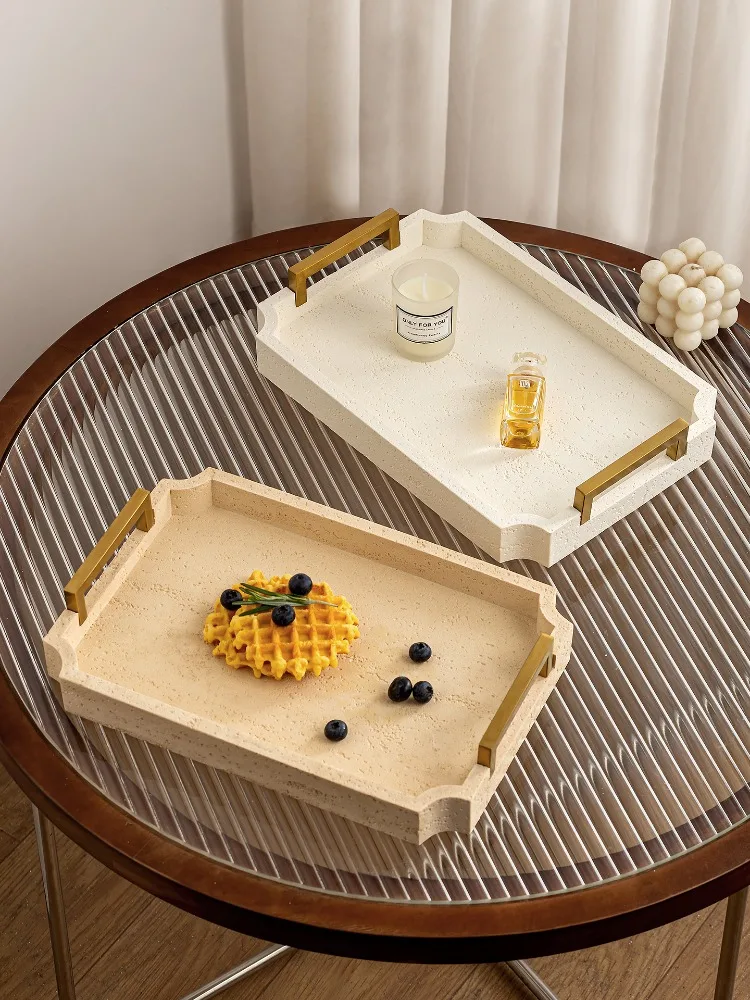 Natural Style Travertine Tray with Handle, Wabi Sabi Rectangular Stone Serving Tray,Modern Kitchen Dining Plate, Tea Set Coaster