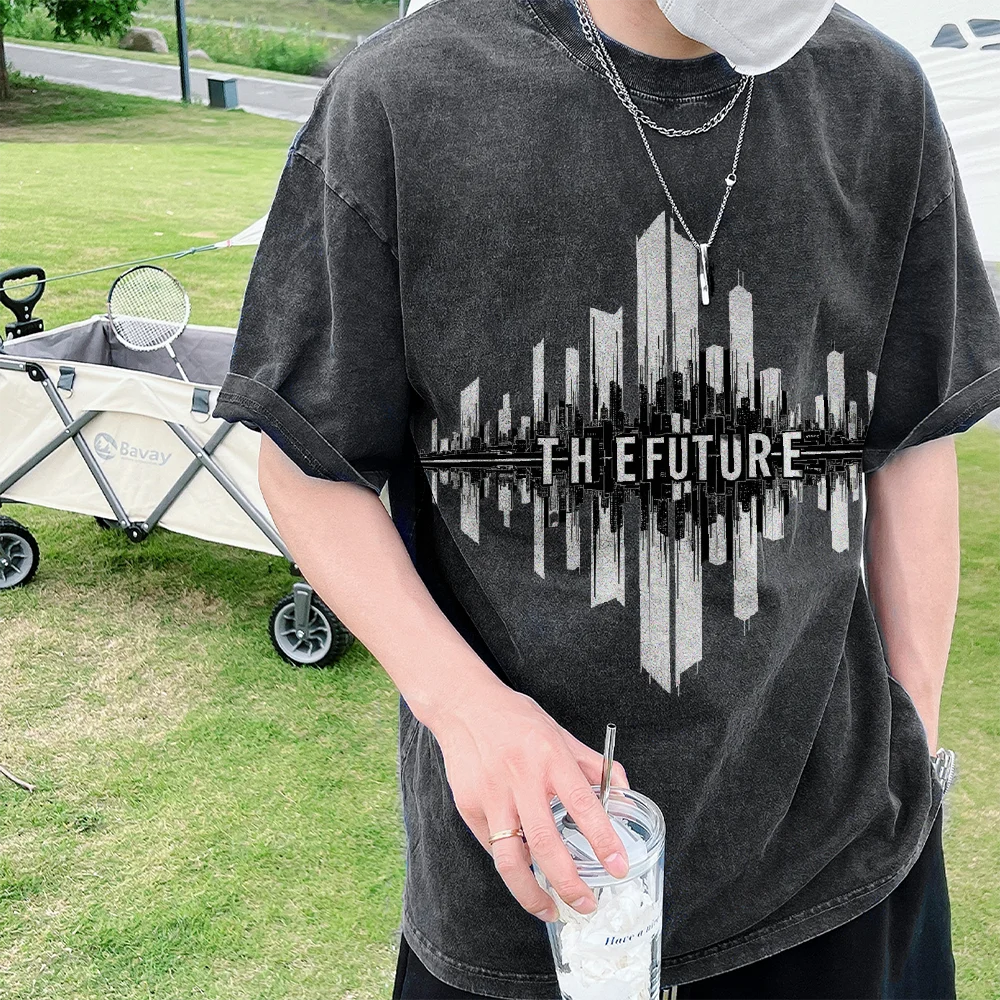 

Summer Trend Item Pure Cotton Vintage Washed City - Printed T - Shirt Interpreting Street Future - Inspired Cool Trend Style