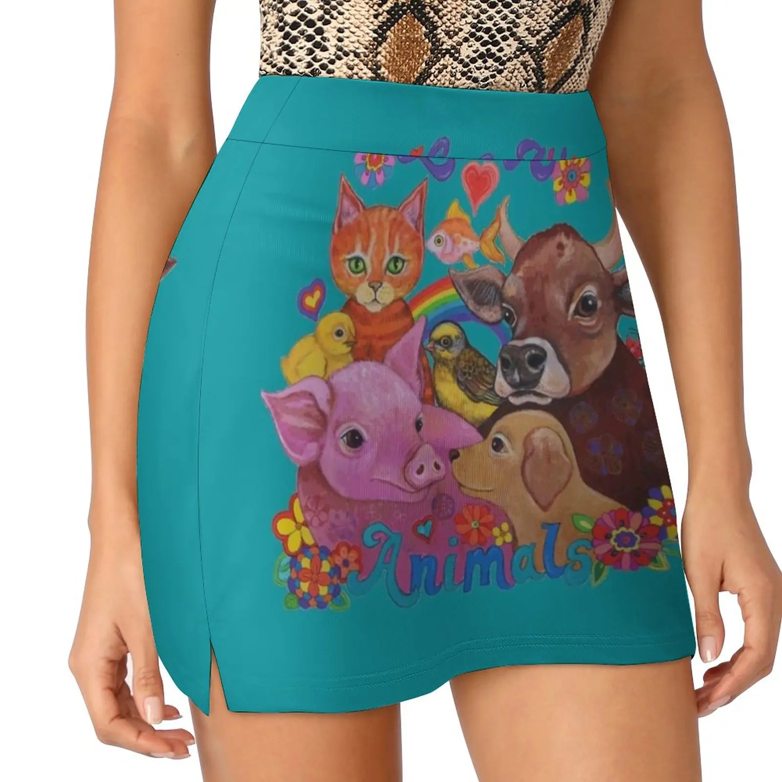 Love All Animals Women's skirt Mini Skirts A Line Skirt With Hide Pocket Animals Animal Animal Rights Vegan Vegetarian Cow Pig