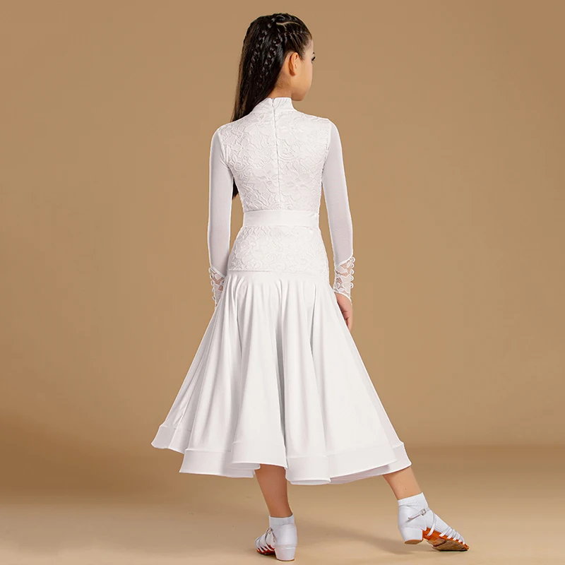 

White Long Sleeve Mesh Bodysuit and Fishbone Skirts Kids Girls Professional Modern Latin Ballroom Competition Practice Dress