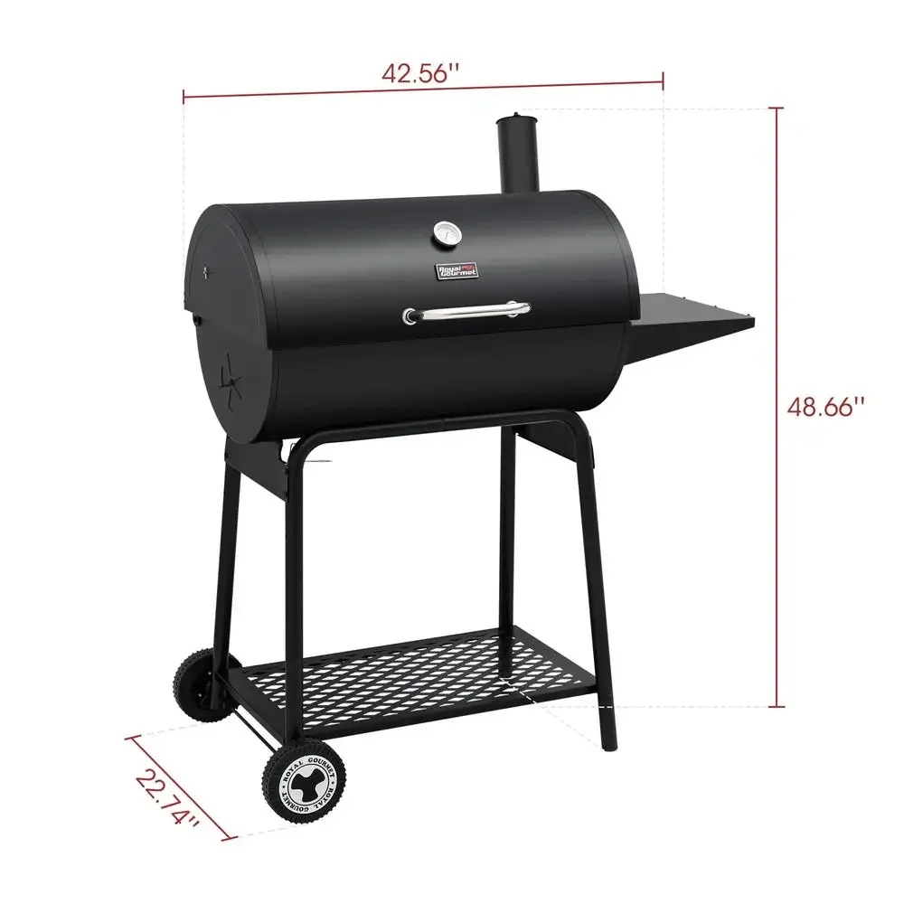 627 Square Inch Barrel Charcoal Grill with Adjustable Fire Grates and Temperature Monitor Outdoor Cooking & BBQ Side Table