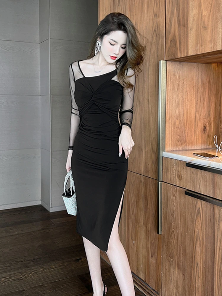 Elegant Slit Dresses For Women 2022 Chic V-Neck Backless Sexy Mesh Midi Club Slit Bodycon Evening Runway Female Dress Vestidos