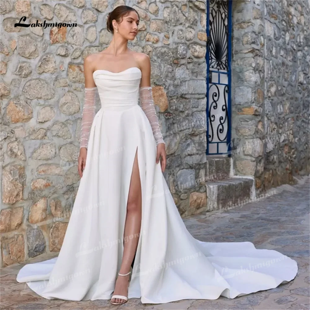 Modest Customized Wedding Dresses Satin Beach Bridal Gowns Sleeveless  A Line Buttons With High Side Split vestido de novia