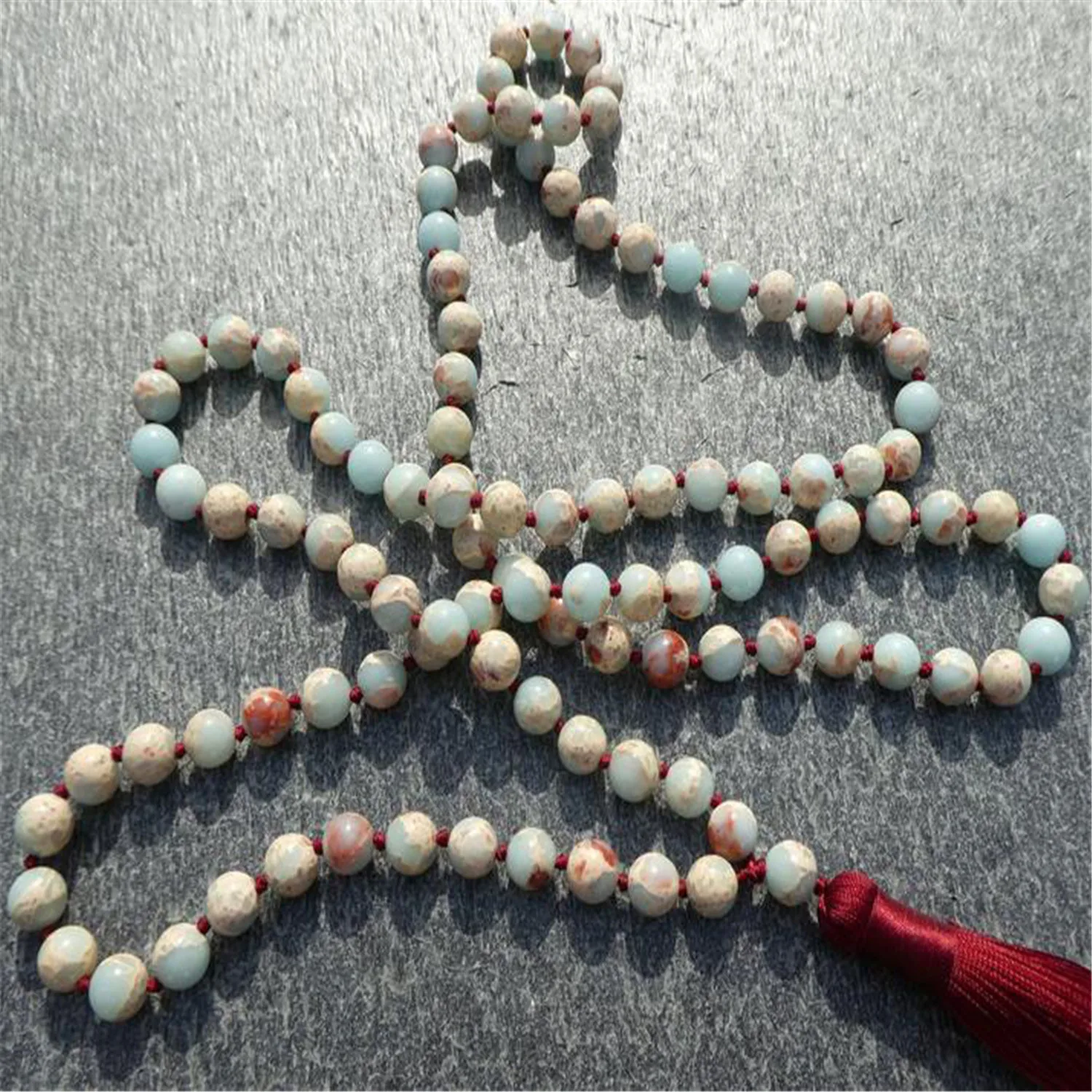 8mm Natural Imperial Jasper Gemstone Tassel Necklace Men Beads Tranquility Rustic Bridal Relief Yoga Mala Zen Prayer