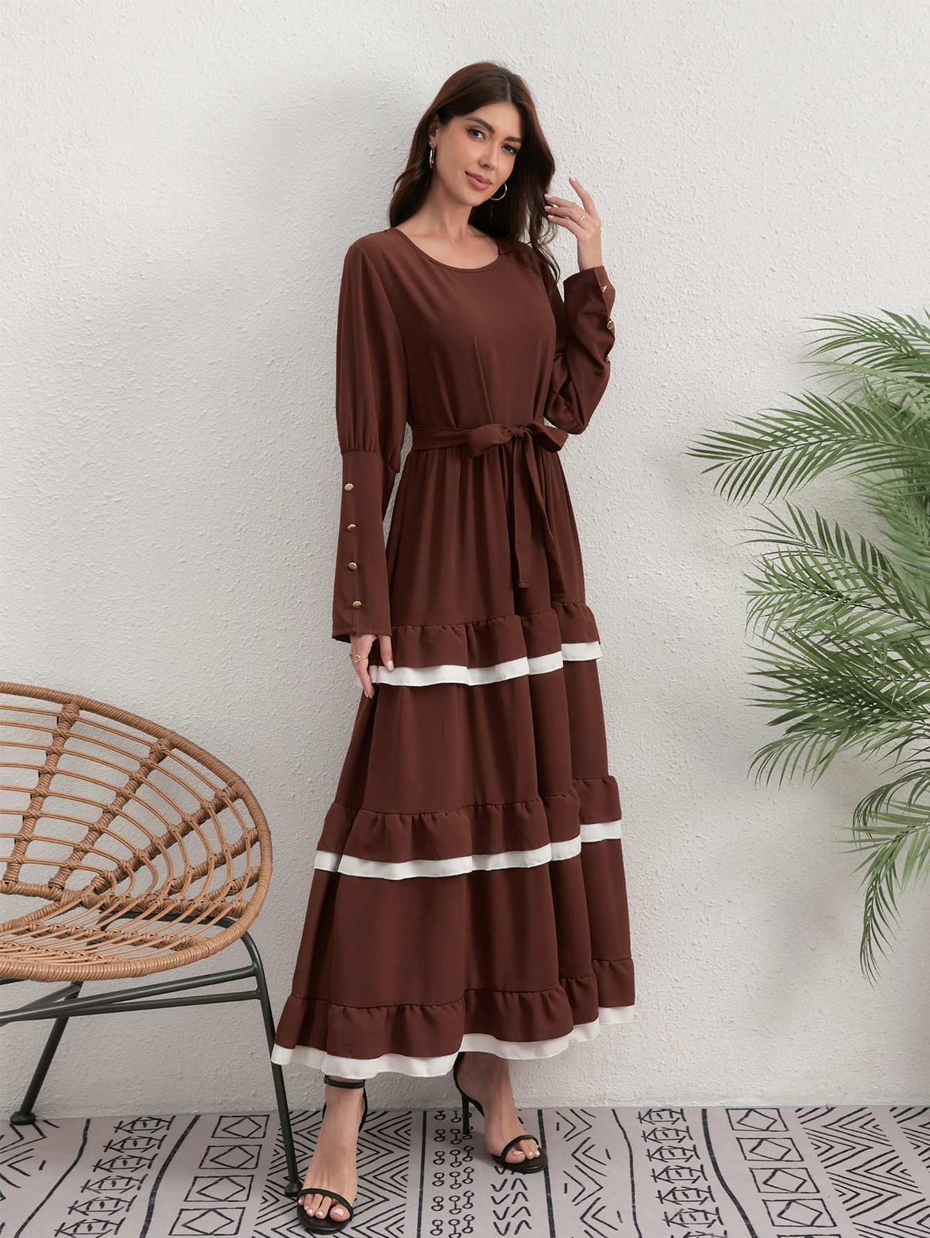 Middle Eastern Style Elegant and Fashionable Color-Blocked Long-Sleeved Loose Arab Dress