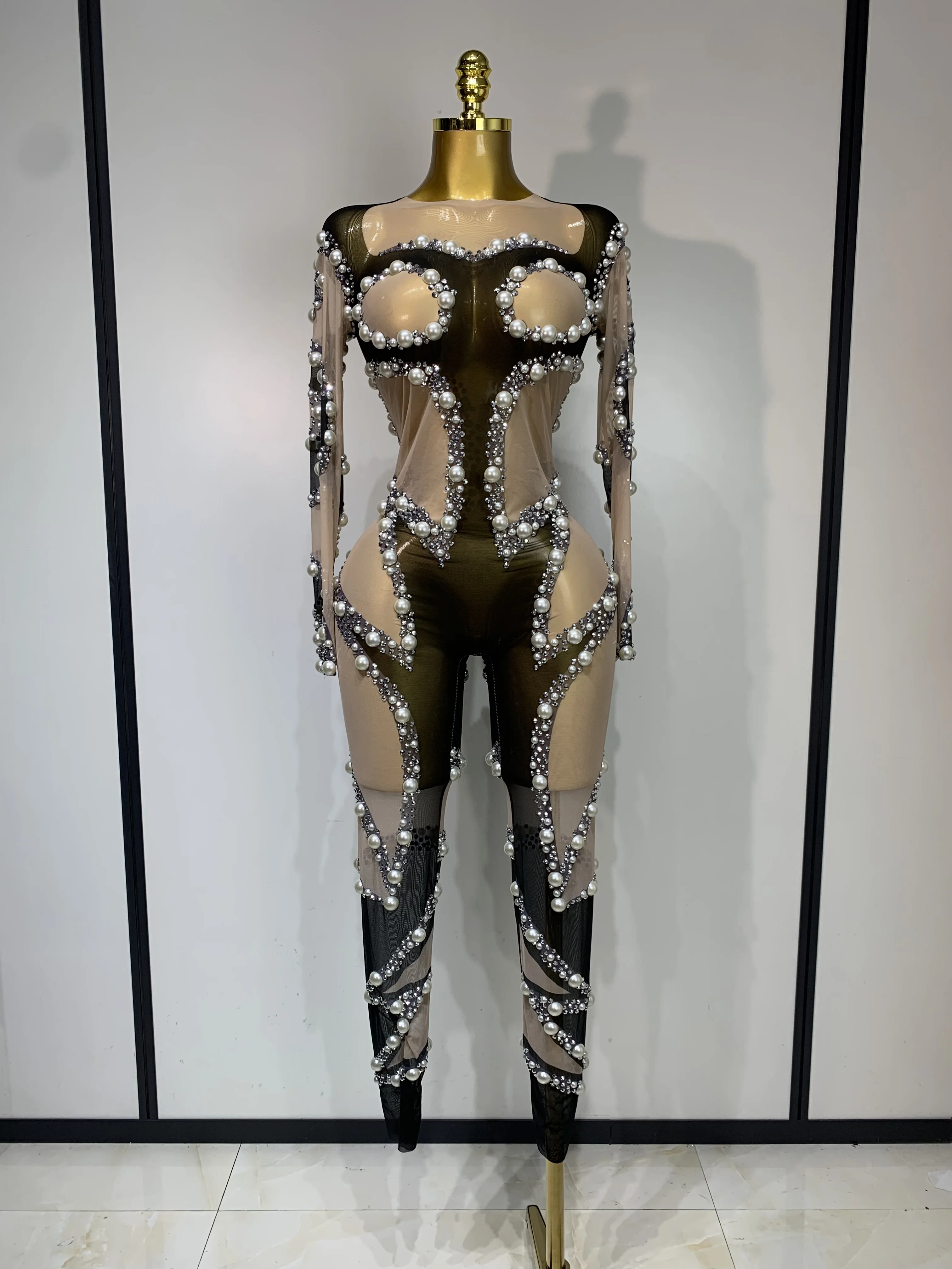 Mono Sexy de malla de manga larga transparente para mujer, traje de baile para actuación en club nocturno, peleles para celebrar cumpleaños