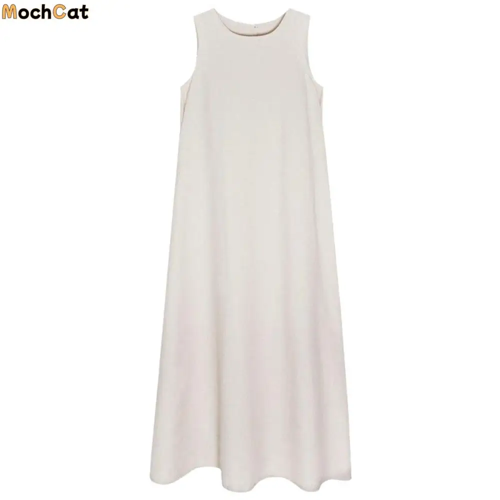 

Solid Summer Sleeveless Dress Round Neck Hollowed Out Vocation Vest Dresses Beachwear Simple Open Back Long Dress Students