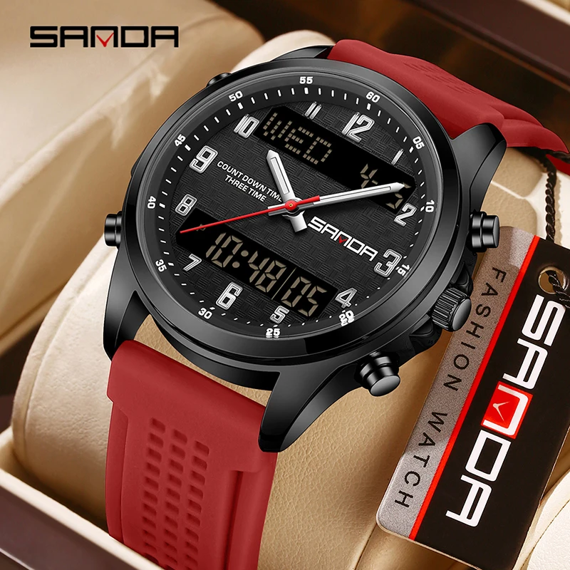 SANDA جديد 9119 العرض المزدوج ساعة إلكترونية للرجال شريط السيليكون ساعة كوارتز ضوء الليل ساعة تنبيه 5ATM ساعة رجالي رياضية