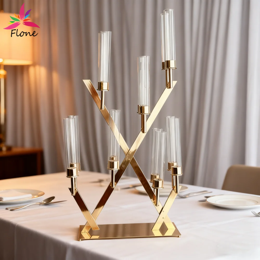 14-Head X-Shaped Gold-Plated Candle Holder Centerpiece with Glass Cover Perfect for Wedding Christmas Table Decoration WT007