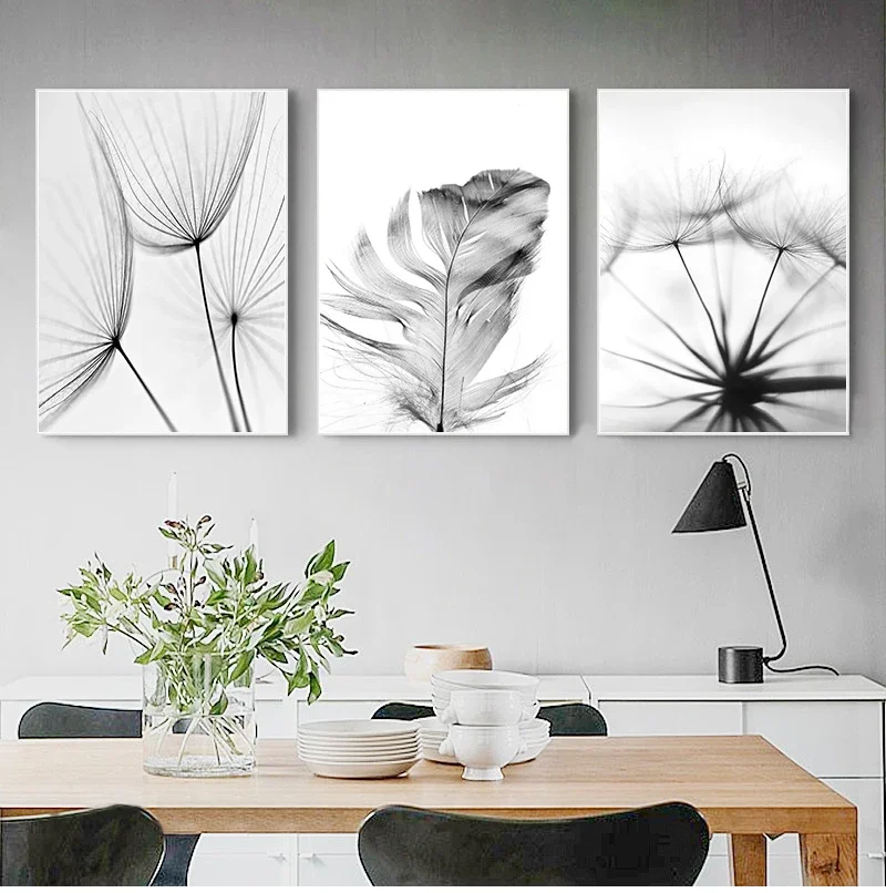Posters Black And White Flower Print Fresh Wall Art Feather Dandelion Pictures Canvas Living Room Decoration Wall Paintings