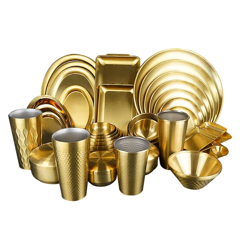 Outdoor Tableware dinner set luxury Plate Camping Picnic Coffee Cup Plate Gold Stainless Steel Metal Silver Tableware