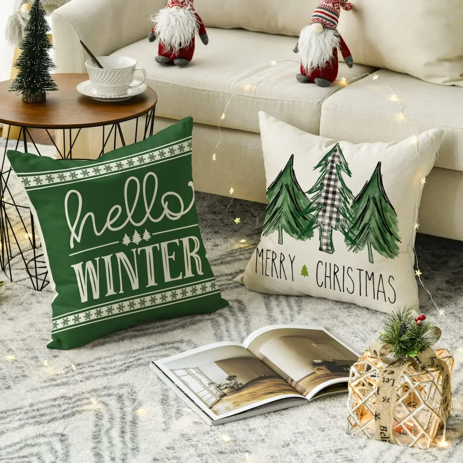 Funda de almohada verde con lema de árbol de Navidad, cubierta de cojín, decoración de sofá, 50x50