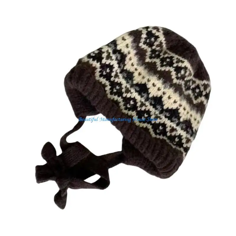 E56A Striped Skull Hat for Women Girl Popular Crochet Ear Flap Hat Ethnic Pullover Hat Winter Warmth Hat Outdoor Headpiece