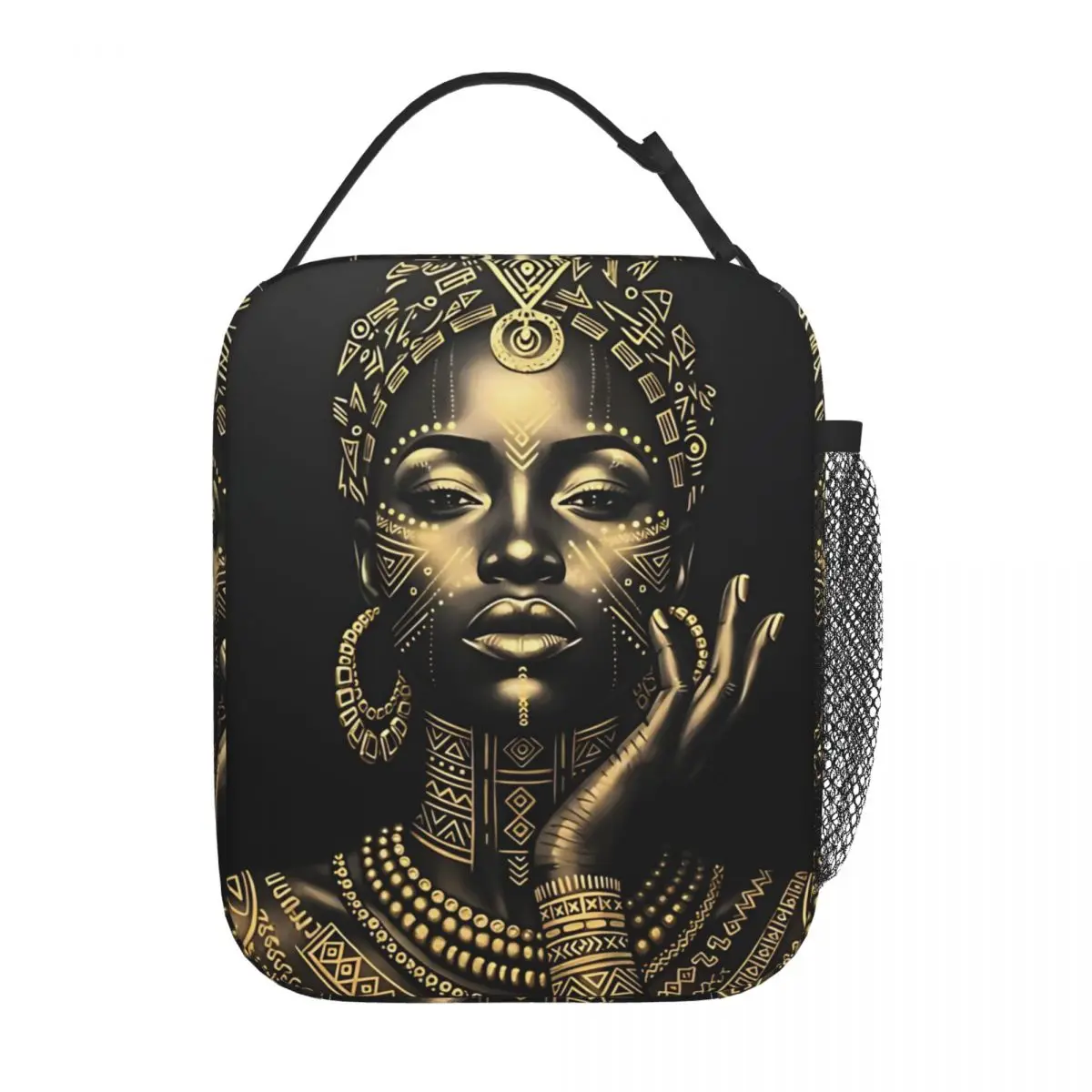 bolsa-termica-para-almoco-com-estampa-de-arte-africana-preta-e-dourada-com-estampa-de-deusa-bolsa-termica-hermetica-para-almoco-e-alimentos