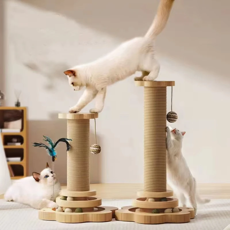 Durable Solid Wood Cat Turntable Funny Stick Balls Sisal Scratching Board Sustainable Pet Cat Supplies Climbing Grab Column Cat