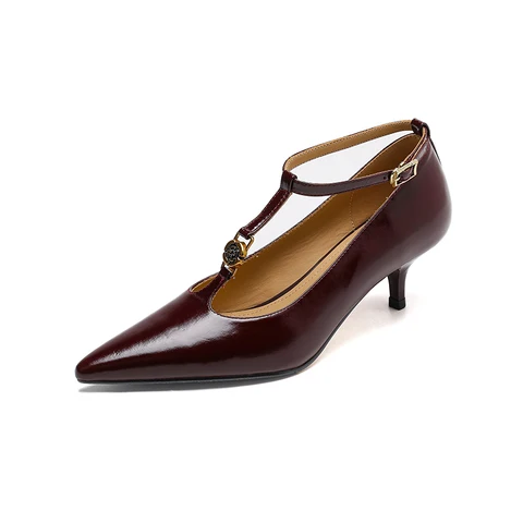 2025 Spring Women Pumps Women Shoes Pointed Toe Thin Heel High Heels Mary Janes Ladies Shoes Genuine Leather Red Wedding Shoes