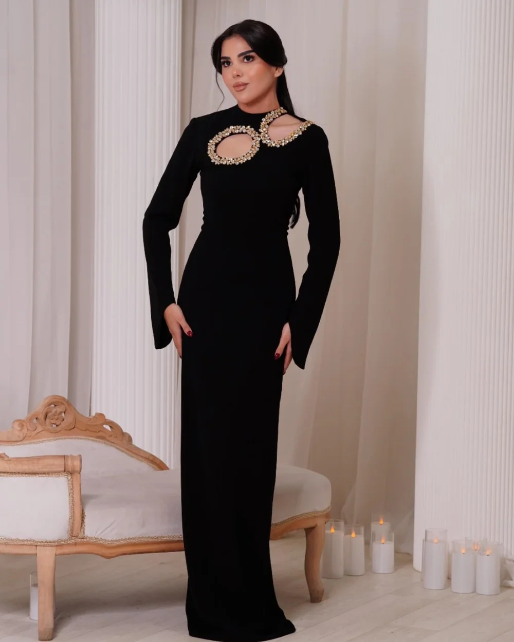 

Customized Matching Fashion Jersey Rhinestone Pleat Straight High Collar Long Dresses Bespoke Occasion Dresses Exquisite Retro