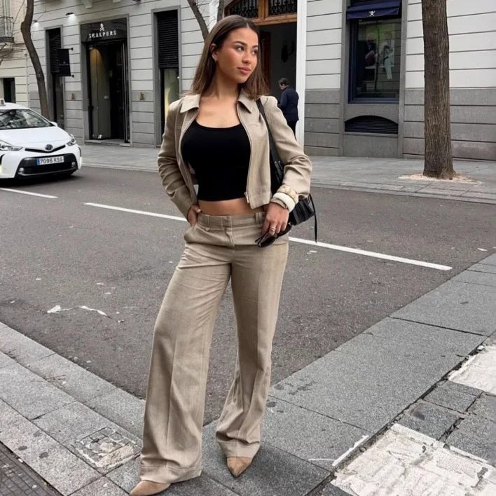 

Повседневное осеннее женское укороченное пальто с отложным воротником на молнии и длинными рукавами для женщин, плиссированные женские прямые брюки с высокой талией