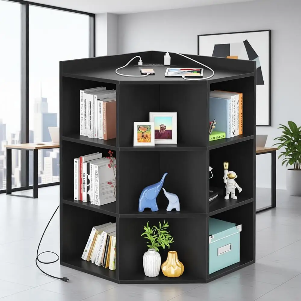 Черный угловой шкаф для хранения с USB-портами и розетками, компактный угловой органайзер-куб, деревянная книжная полка с 9 кубами для Playroo