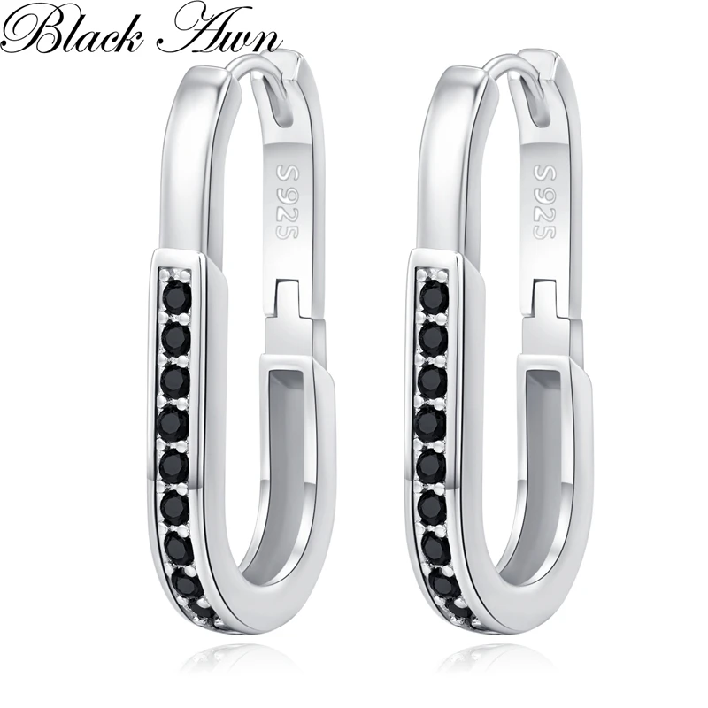 

Black Awn 2024 New Hoop Earrings for Women Classic Silver Color Trendy Spinel Engagement Fashion Jewelry I285