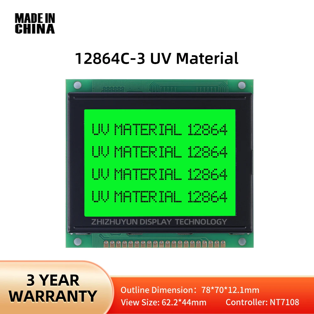 

12864C-3 UV Material LCD Display Screen Green With Plastic 20PIN Parallel Port 78X70Mm 12864 128*64 LCD Display Module