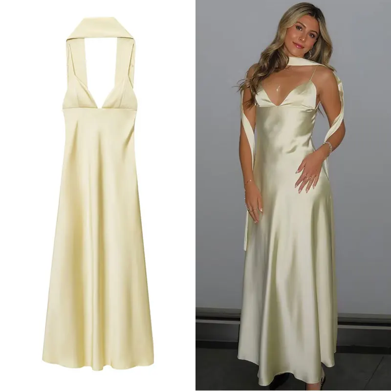 レディースホルターネックロングドレス、新作スカーフ、夏のイブニングパーティー、背中開きサテン スリップドレス、エレガントでセクシーなホワイトカスタムフォーマルガウン