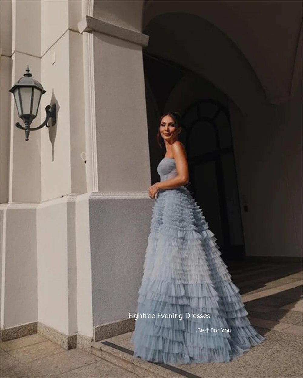 Eightree Princess Evening Dresses Tulle Strapless Long A Line Frill-Layered Tiered Ruffles Elegant Party Dresses for Women 2023