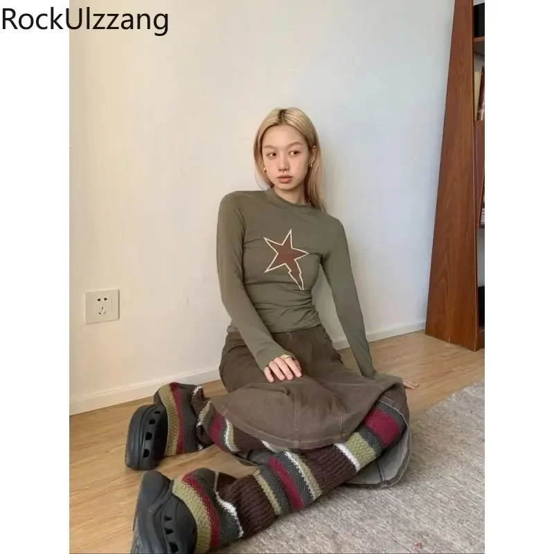 

Long Sleeve Graphic Star Printed T-Shirt Camo Green T Shirt Women Elegant Fall sexy grunge gothic harajuku aesthetic y2k clothes