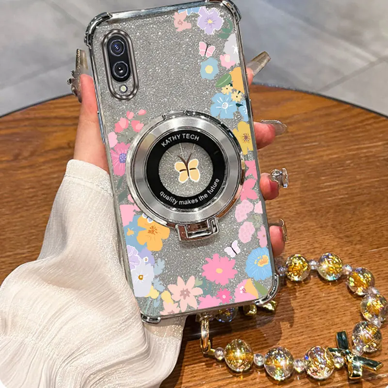 

Чехол-держатель для телефона с блестящим цветком и бабочкой на ремешке для Samsung Galaxy A02 A03 Core M02 A02s A03s A04E A04 A05 A05S A06 F04 M04