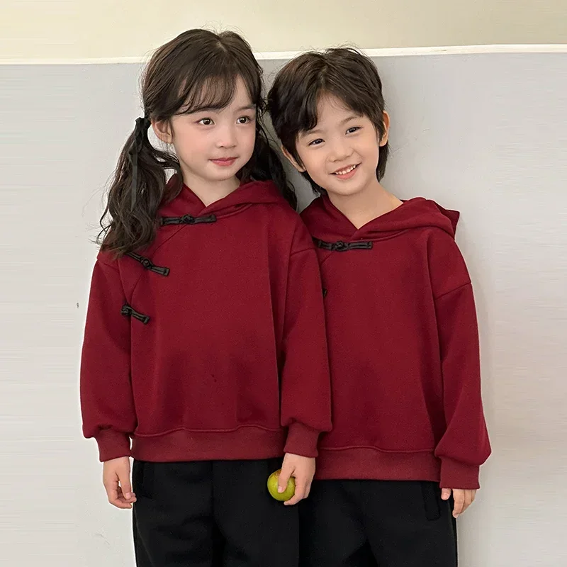 1-12 Year Girl Boy Brother Sister Sweatshirt S-3XL Mom Dad Family Matching Outfits 2025 Chinese New Year Plus Velvet Red Hoodies