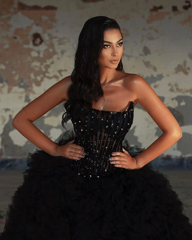 Black Beaded Long Prom Gowns With Detachable Train Sexy Split Gothic Bridal Dresses Puffy Ruffled Tutu Over Wrap Skirt