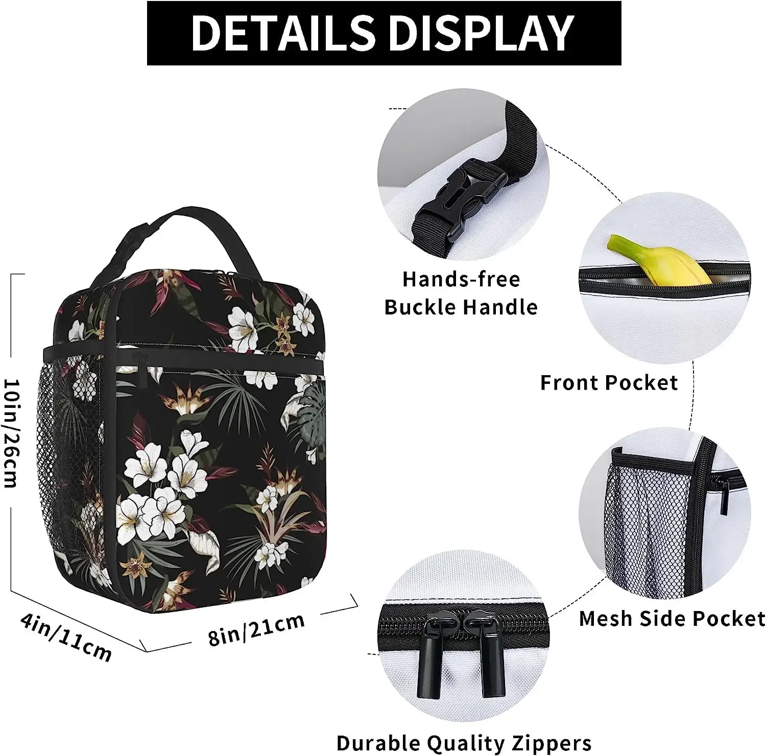 White Flower Print Thermal Lunch Box for Women Girls Insulated Lunch Bag Reusable Portable Cooler Bags for Work Picnic Travel