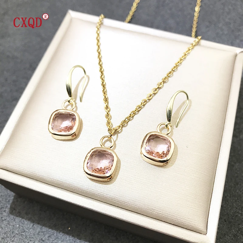 Colorful Clear Small Square Glass Pendant Necklace For Women Stainless Steel Chain Fashion Earrings Jewelry Accessories Set Gift